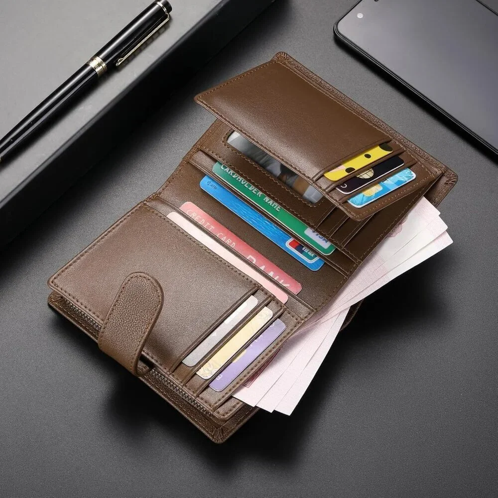 Men's F-Brown Genuine Leather Bifold Wallet Blocking Credit Card Coin Pocket